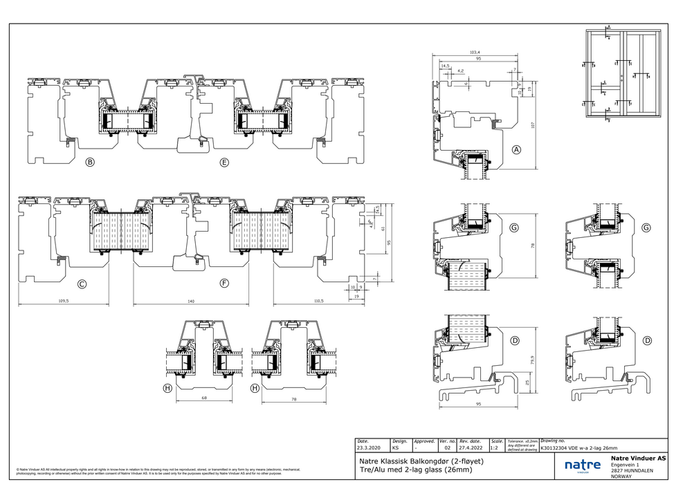 Natre Klassisk Alu 2-fløy Balkongdør